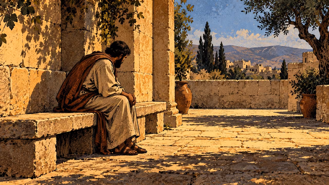 A solitary grown adult waits bowed on a long courtyard bench.