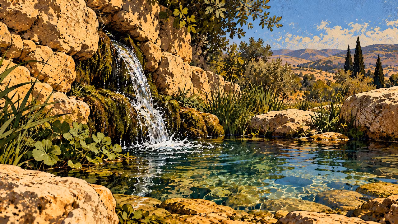 Clear spring water flows from rock into a green-edged pool.