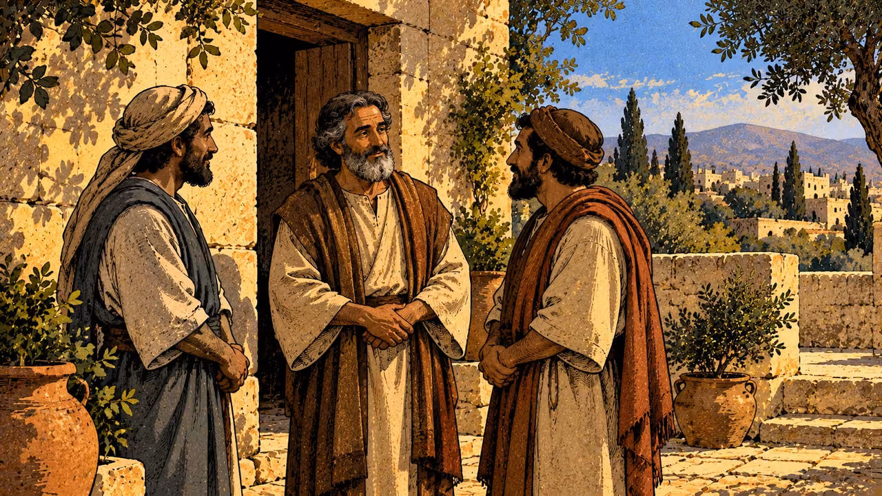 Three grown neighbors exchange quiet respectful attention at a doorway.