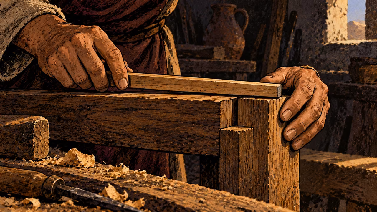 Adult hands check a wooden joint with an unmarked straight wooden rod.