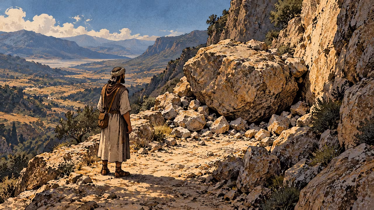 A messenger with a plain satchel pauses before a boulder blocking a rocky path.
