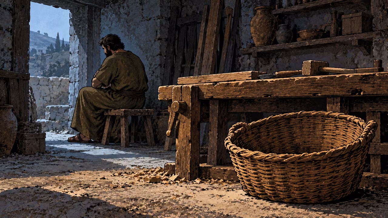 A grown adult sits turned from an unused workbench beside an empty basket.