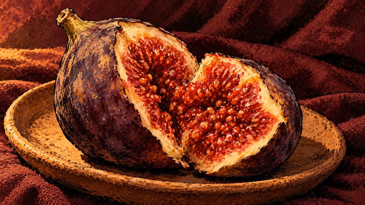A ripe fig split open rests on a clay dish against burgundy cloth.