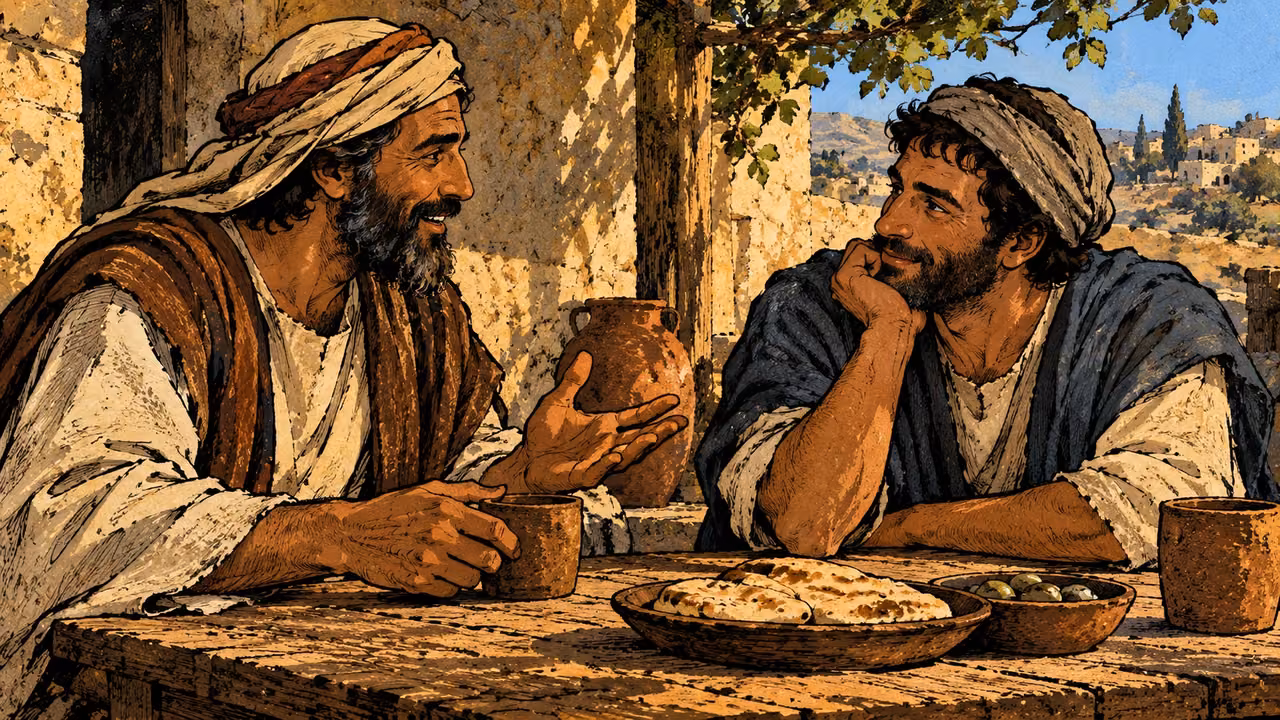 Two grown neighbors converse beside bread on a household table.