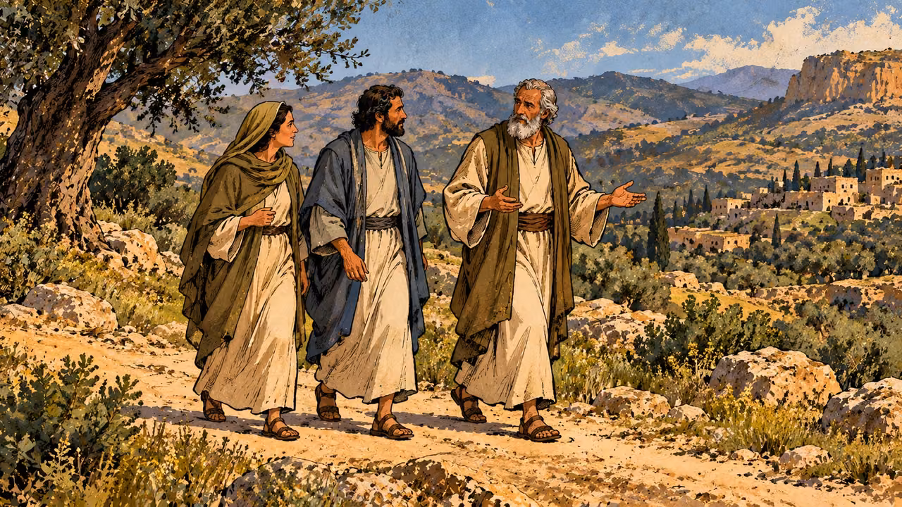 Three grown companions walk together, listening to an elderly speaker.