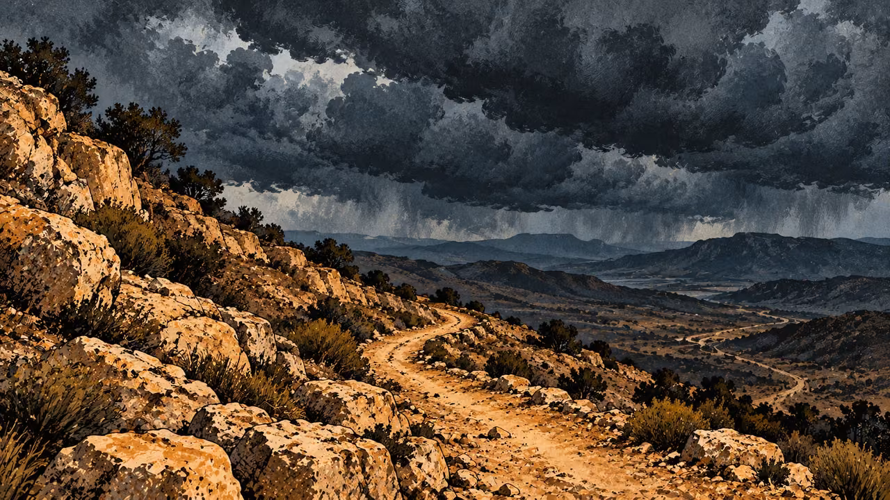Heavy storm clouds gather above an empty winding hillside path.