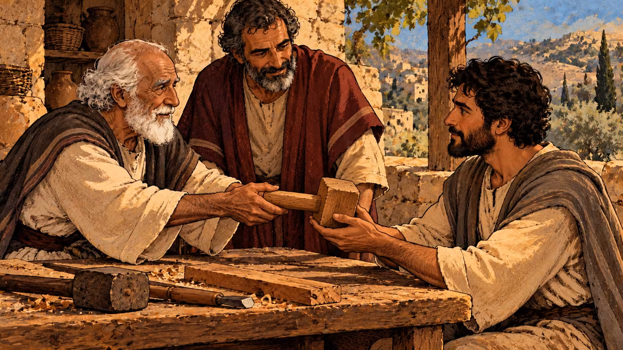 An elderly man offers a wooden mallet to a grown grandchild while a middle-aged parent watches.