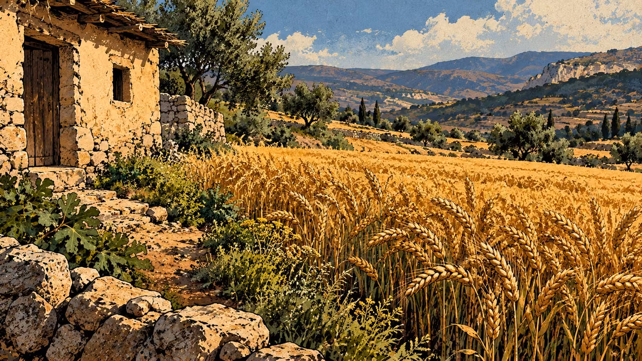 Abundant grain grows beside a modest worn dwelling and wall.