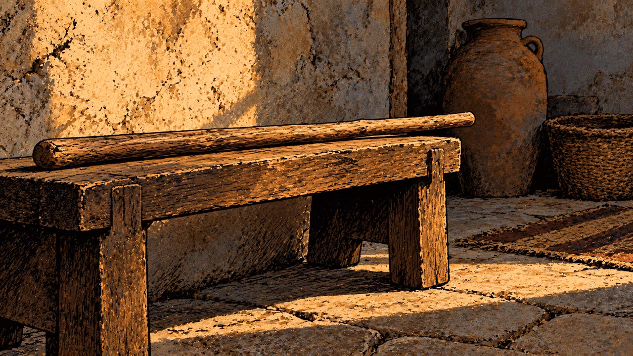 A plain wooden rod rests unused on an empty household bench.