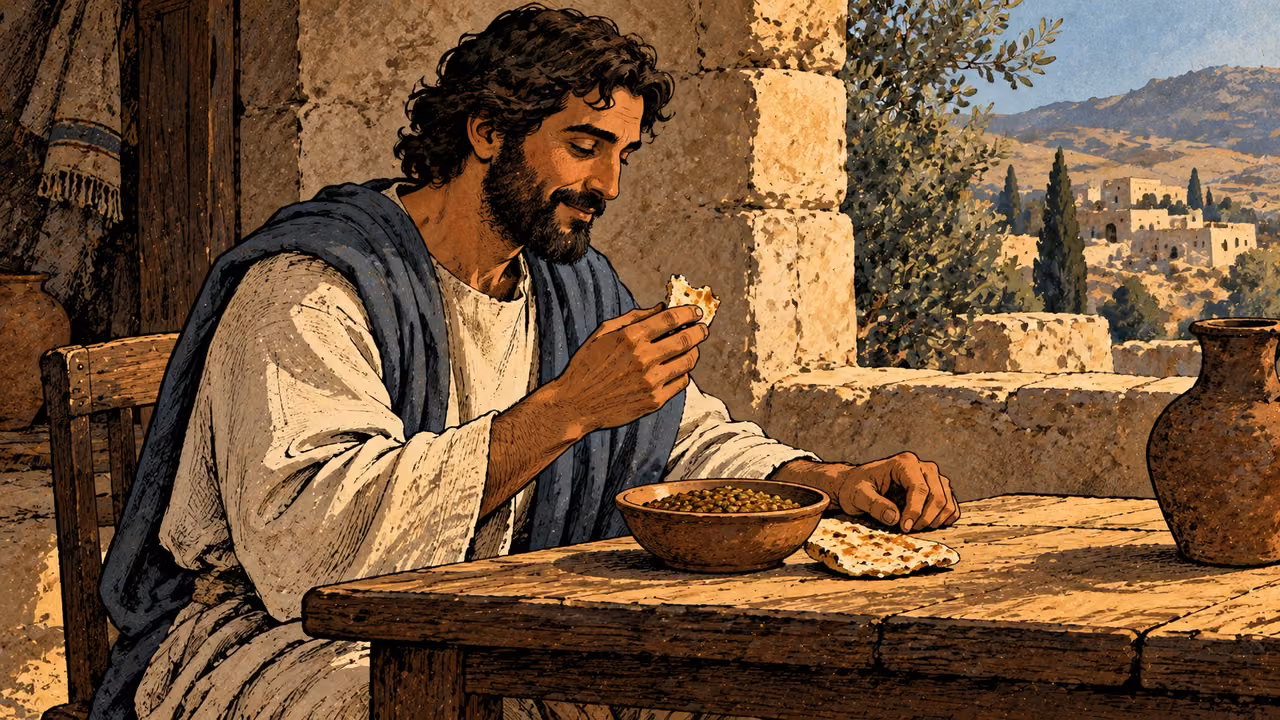 A grown man eats a modest meal of flatbread and lentils.