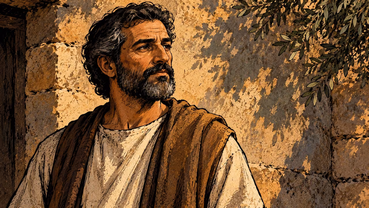 A thoughtful grown man pauses with closed lips against a plain wall.