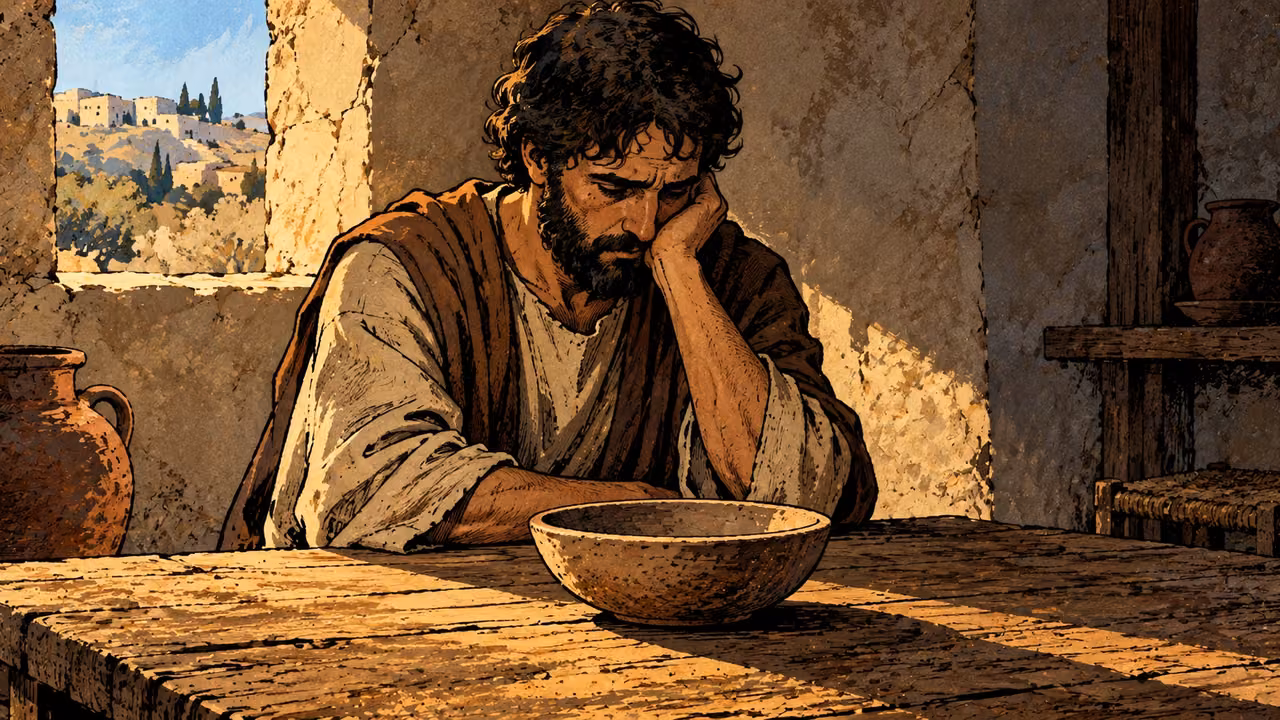A grown man sits before an empty bowl at a bare table.