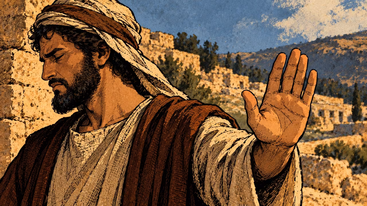 A grown man turns his face aside and raises an open refusal palm.