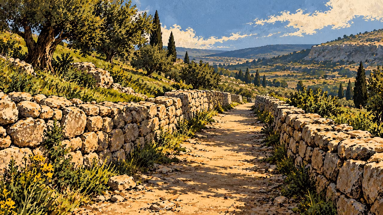 A clear path runs between sound low stone walls through a green hillside.