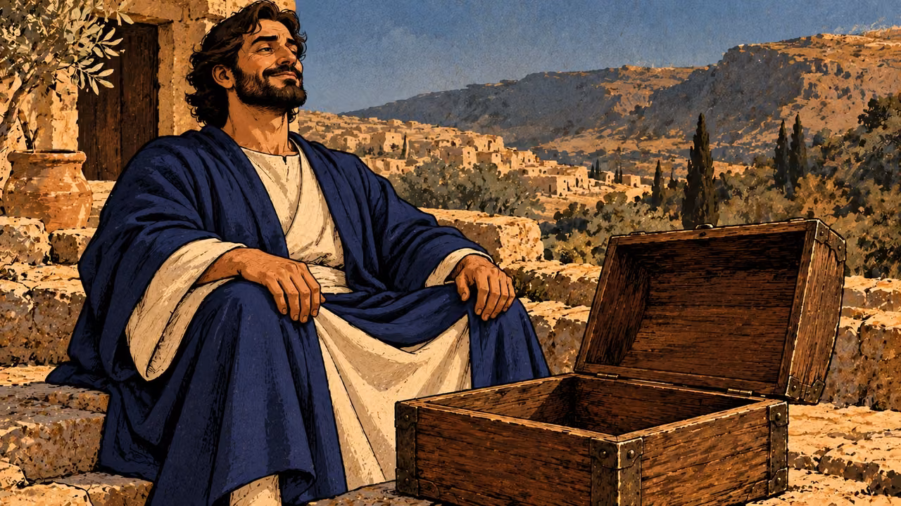 A man in a fine blue robe sits grandly beside an open empty chest.