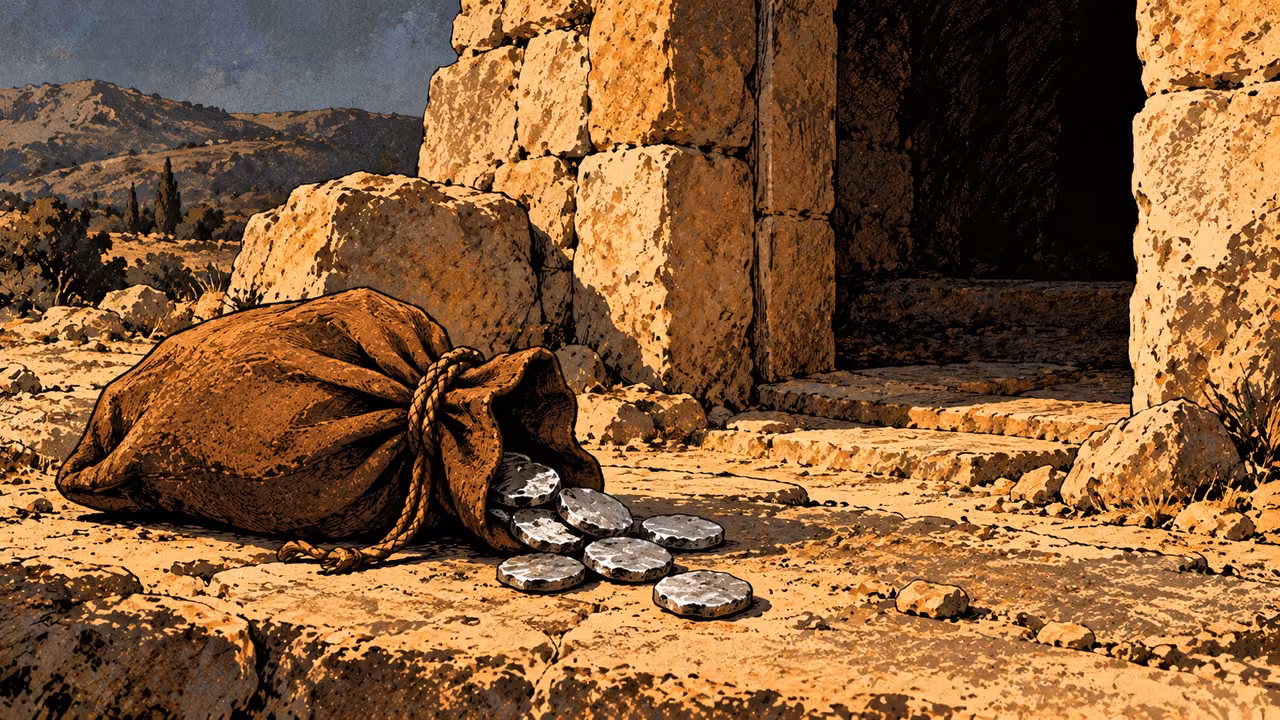 A purse and unmarked silver lie beside an open stone passage.
