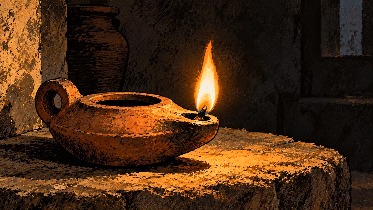 A plain clay oil lamp burns with a bright ordinary flame.