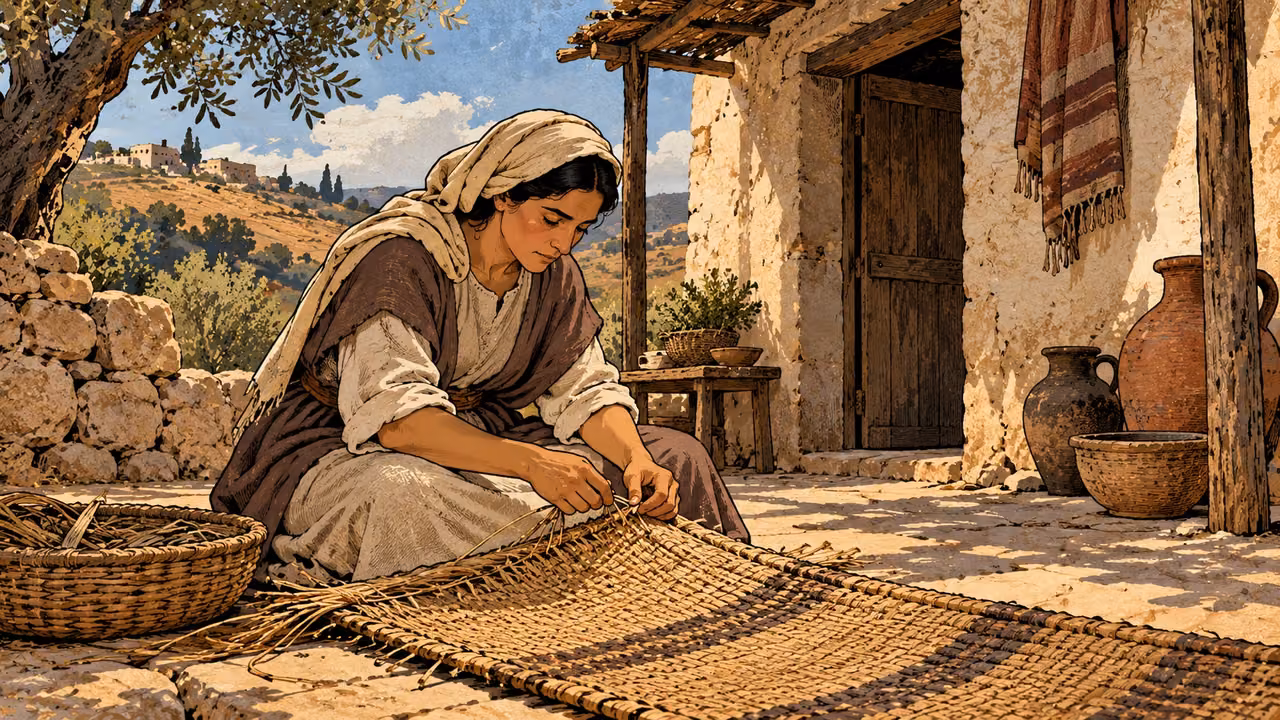 A grown woman repairs a woven reed mat beside a sound modest dwelling.