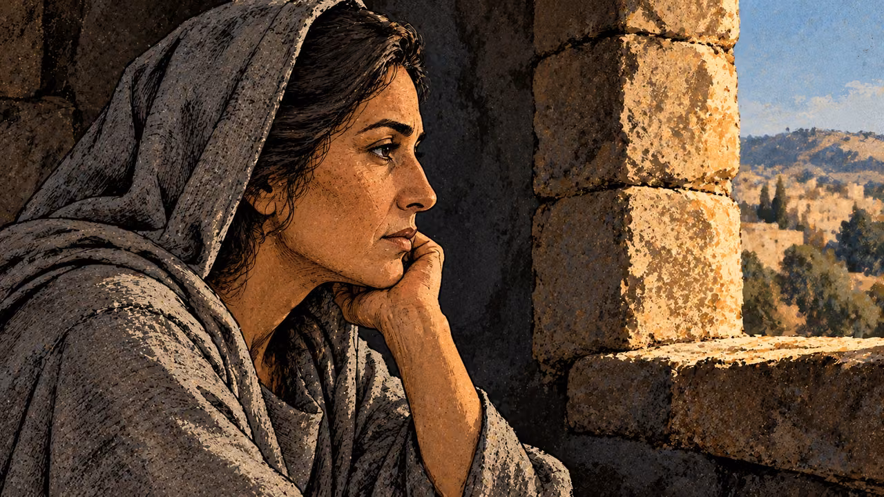 A solitary woman rests her chin beside a window with a sober inward expression.