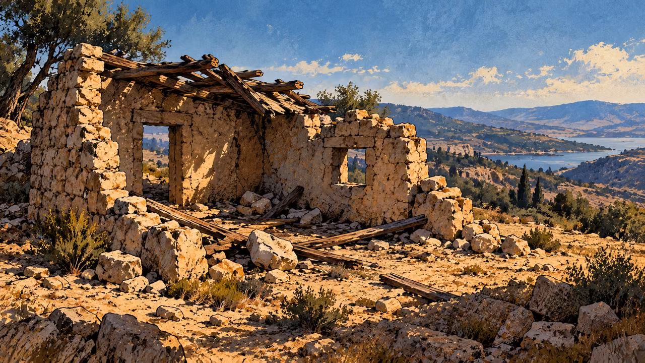 An empty stone dwelling stands ruined with broken roof timbers scattered across the ground.
