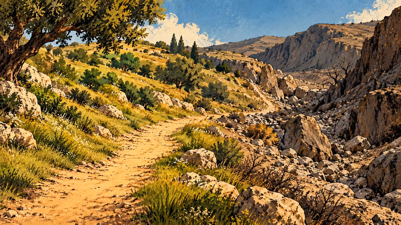 An empty sunlit path passes from green ground toward a barren stony ravine.