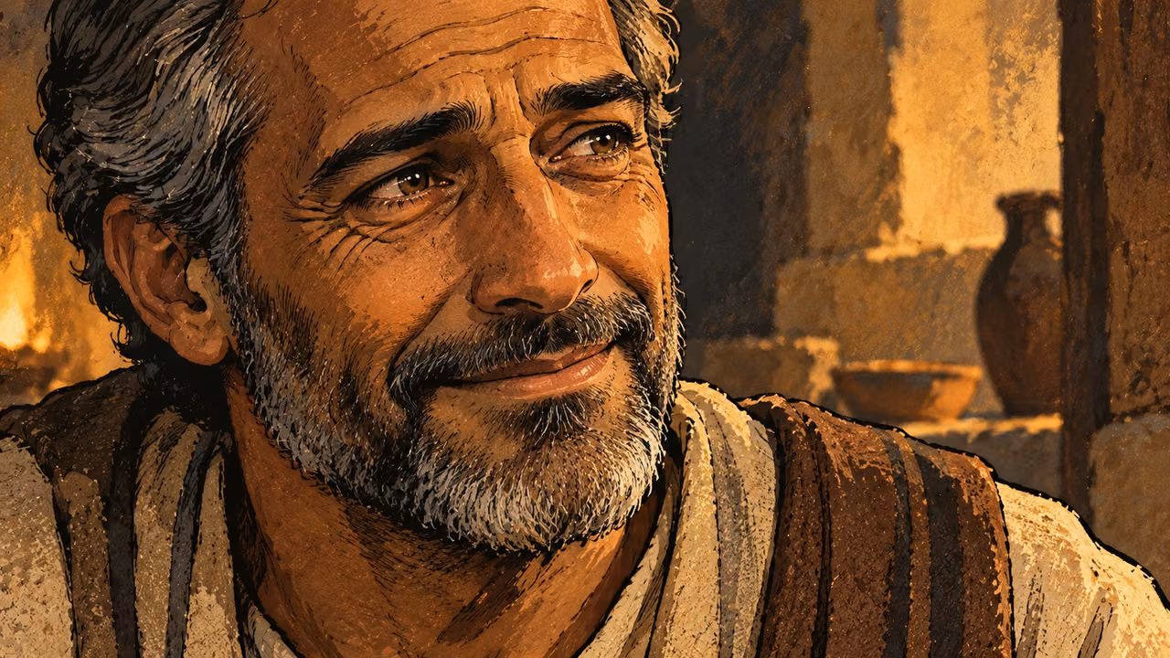 An older man holds a gentle smile over thoughtful eyes in household light.