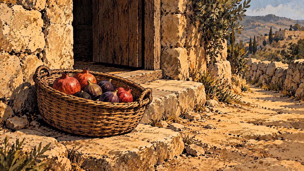 A modest basket of figs and pomegranates rests where a worn path reaches a household threshold.