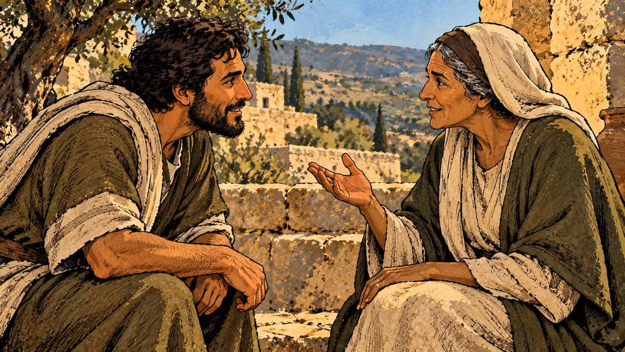 A grown man leans eagerly toward an older woman speaking with an open empty hand.