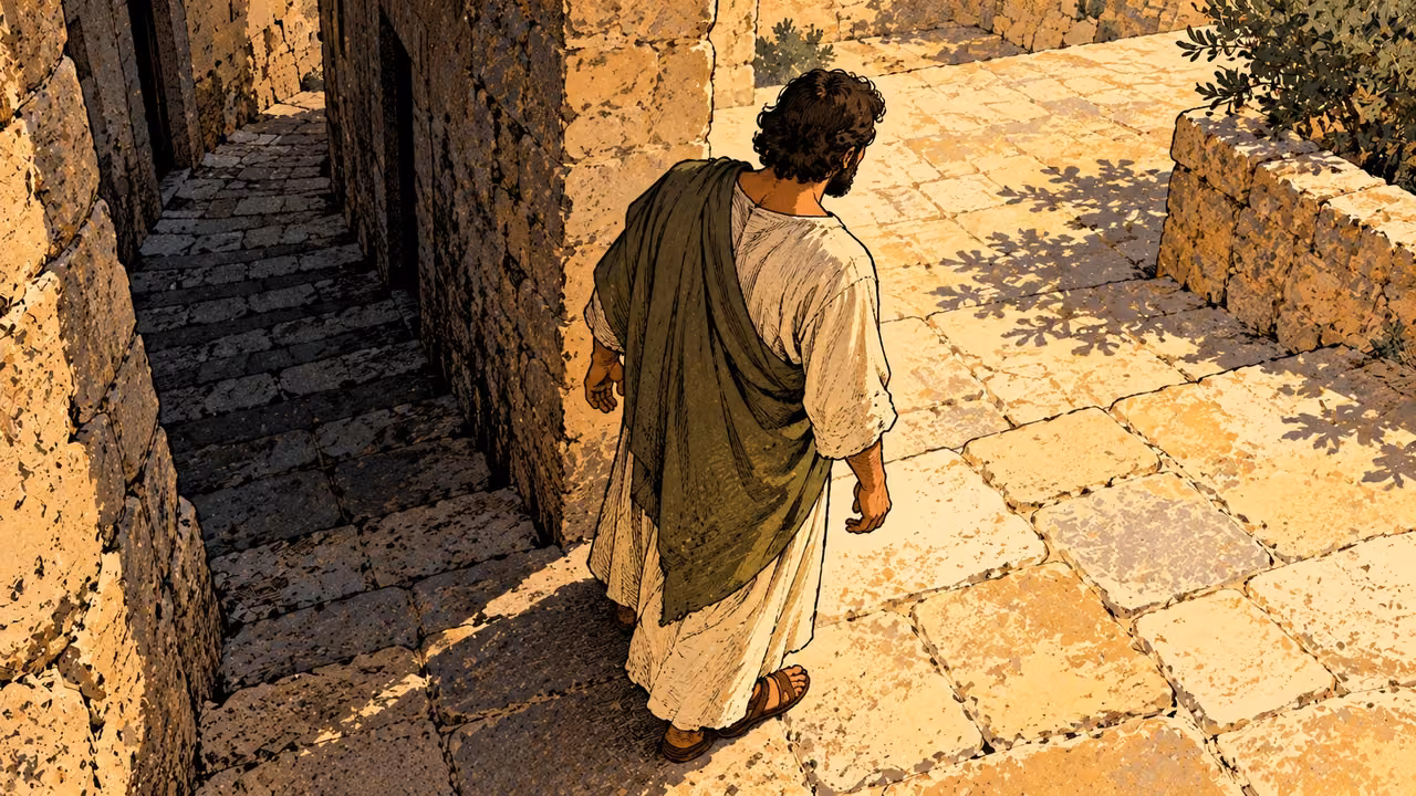 A man in a cream robe and olive mantle turns from a shadowed stone passage toward a sunlit courtyard.