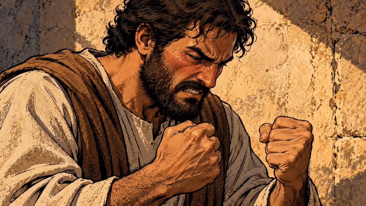 A flushed man clenches both fists near his chest, his brow furrowed and teeth tight against a stone wall.