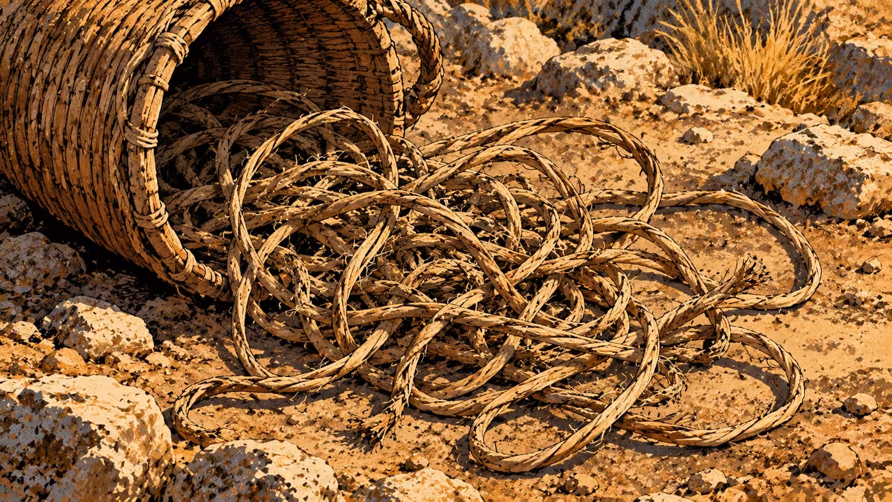 A tipped woven basket spills tangled, fraying reed cords across dry stony earth.