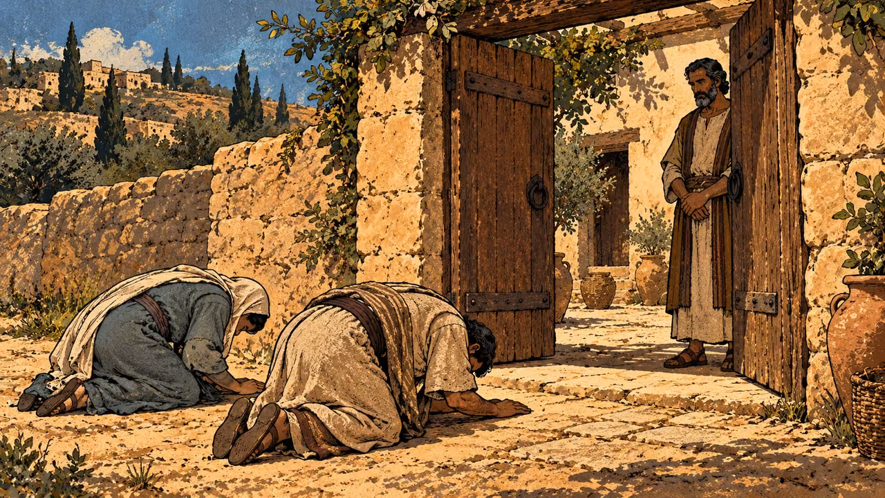 Two adults bow low on the ground outside an open household gate while a man stands quietly within.