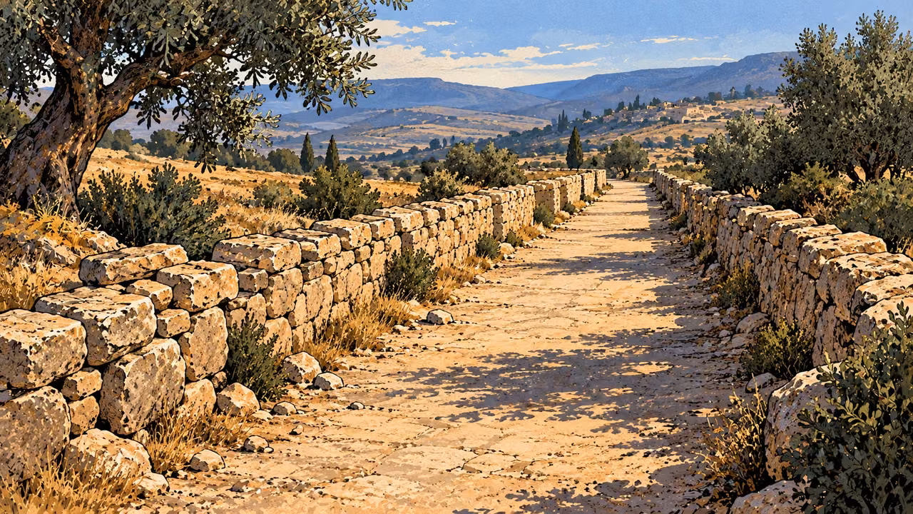 An empty level route runs between sound low stone walls through a sunlit hillside.