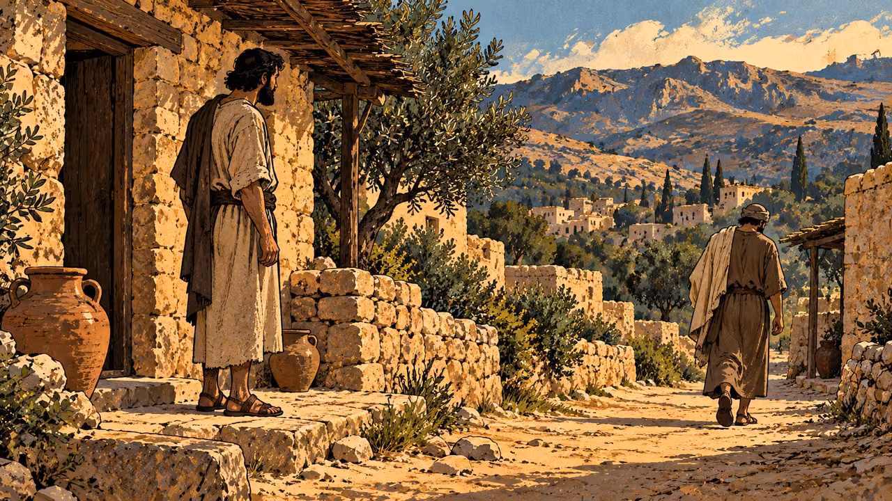 A man in a worn robe stands outside a modest stone home as a neighbor walks away down the lane.