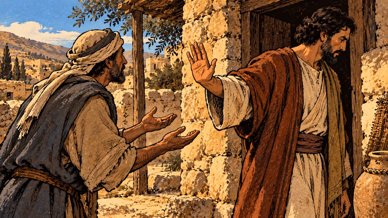 A man turns away into a doorway and raises a dismissive palm toward a neighbor with open hands.
