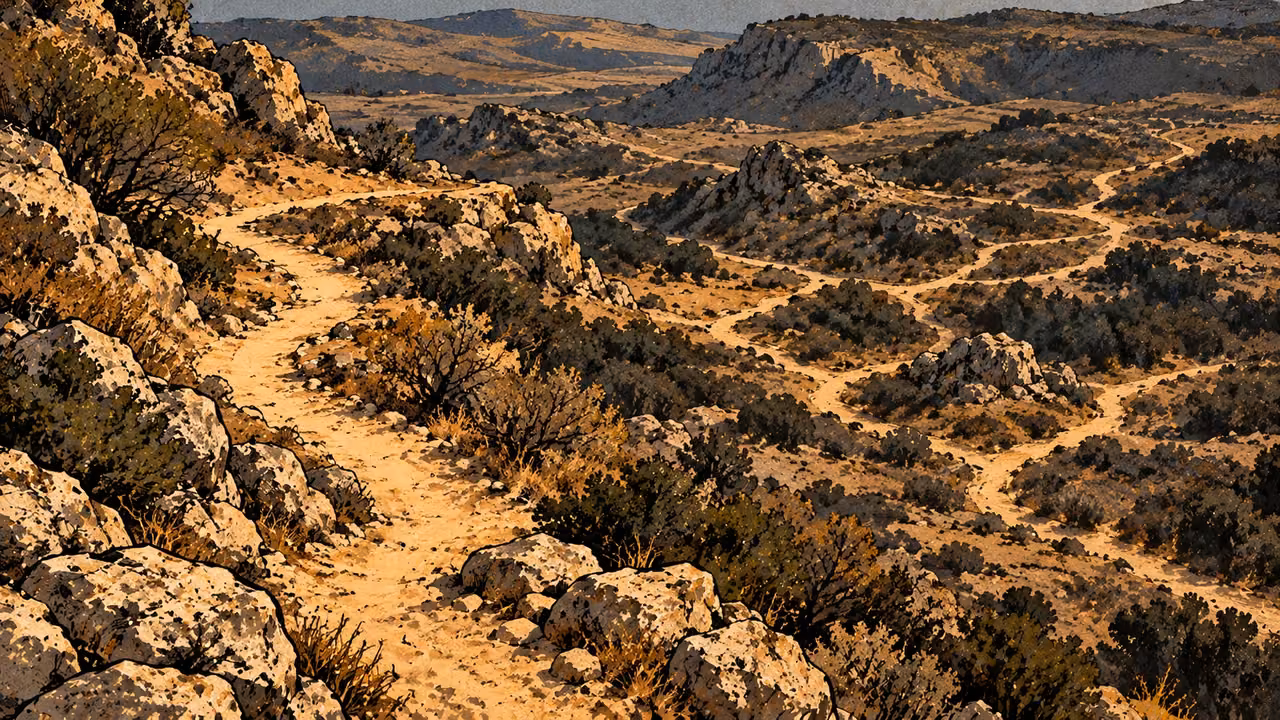 Narrow paths wind among barren scrub and stones, becoming hard to follow across a dry rocky landscape.