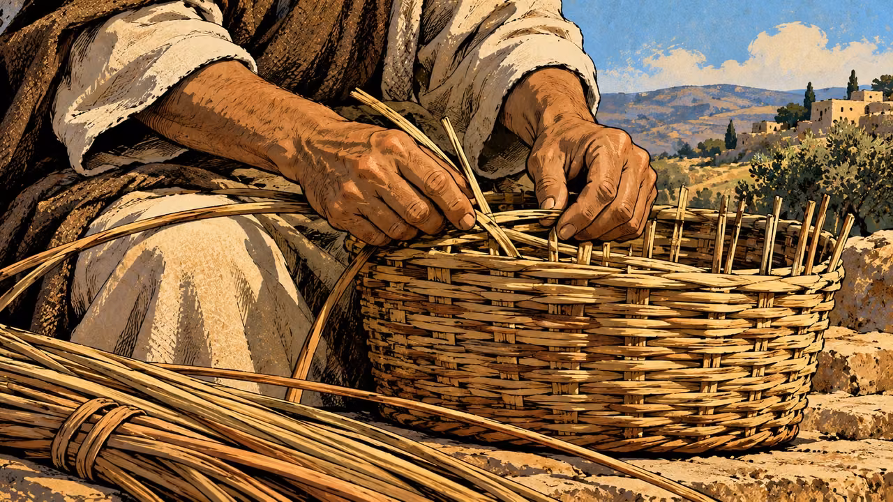 Two adult hands weave reed strips into the rim of a growing basket.