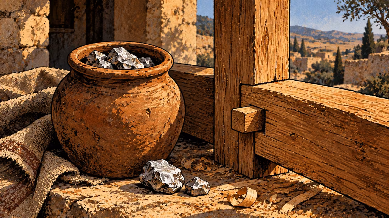 A plain clay jar holds rough silver pieces beside a sound wooden joint.