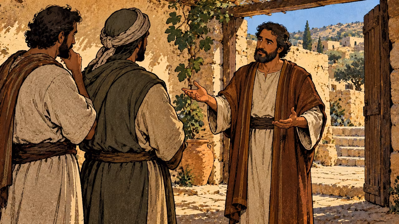 A calm man addresses two attentive listeners with open palms beside an open household passage.