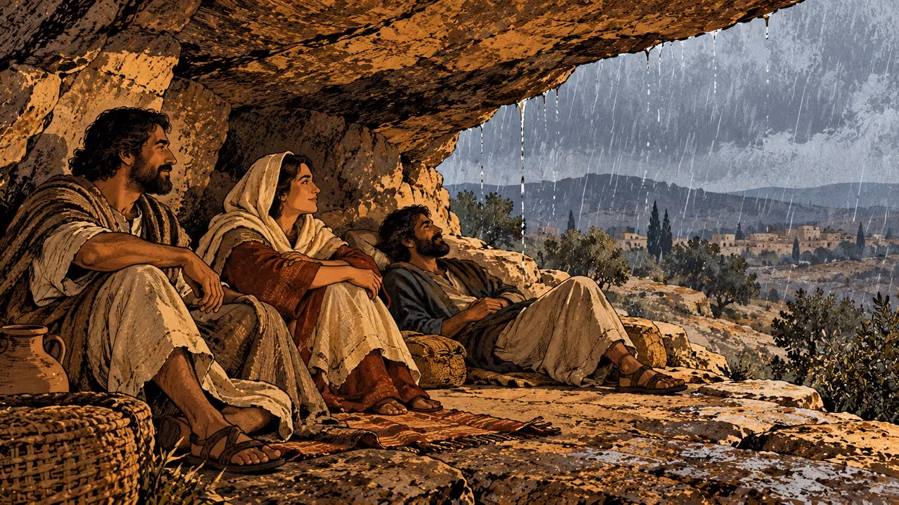Three adults rest beneath a broad rock overhang while rain falls beyond the dry shelter.