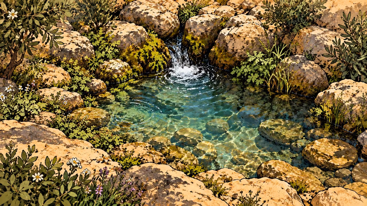 Clear water gathers in a natural spring pool among mossy stones, green plants, and small flowers.