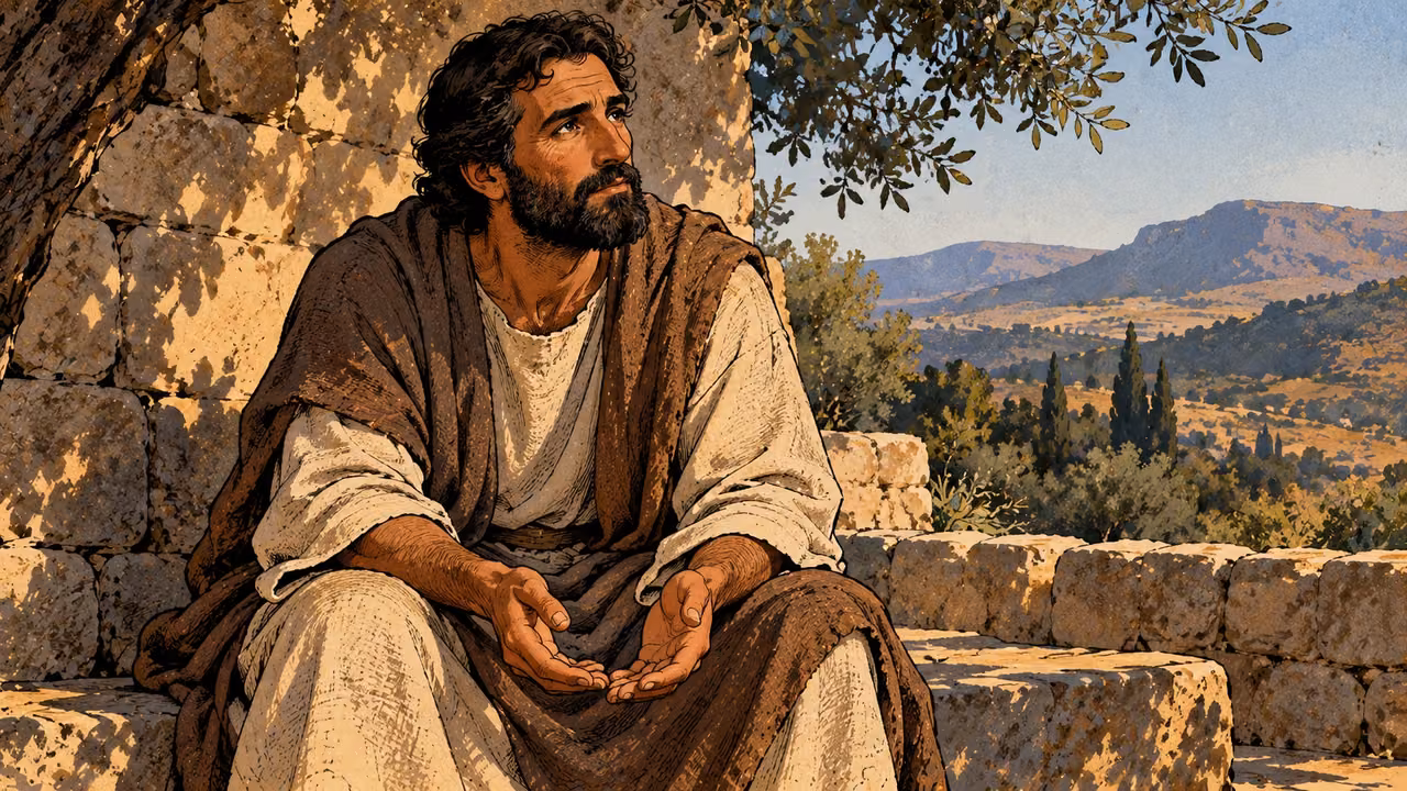A seated man pauses with a thoughtful expression, his empty hands resting open in his lap.