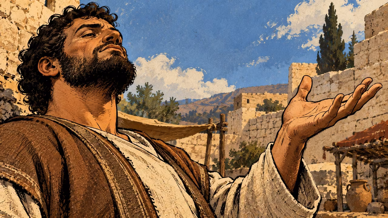 A grown speaker lifts his chin and an open palm with a proud expression.