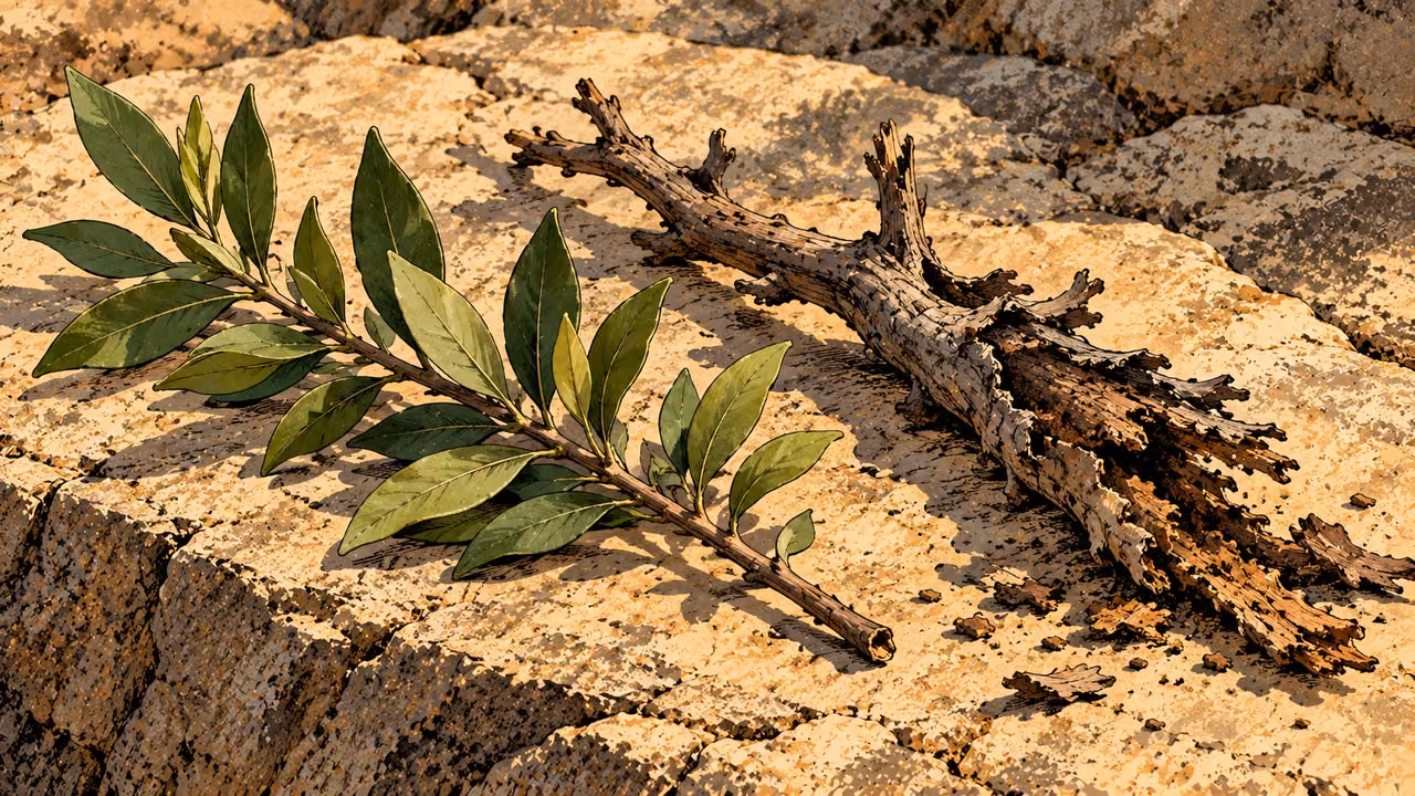 A fresh leafy branch lies beside a crumbling rotten branch on sunlit stone.