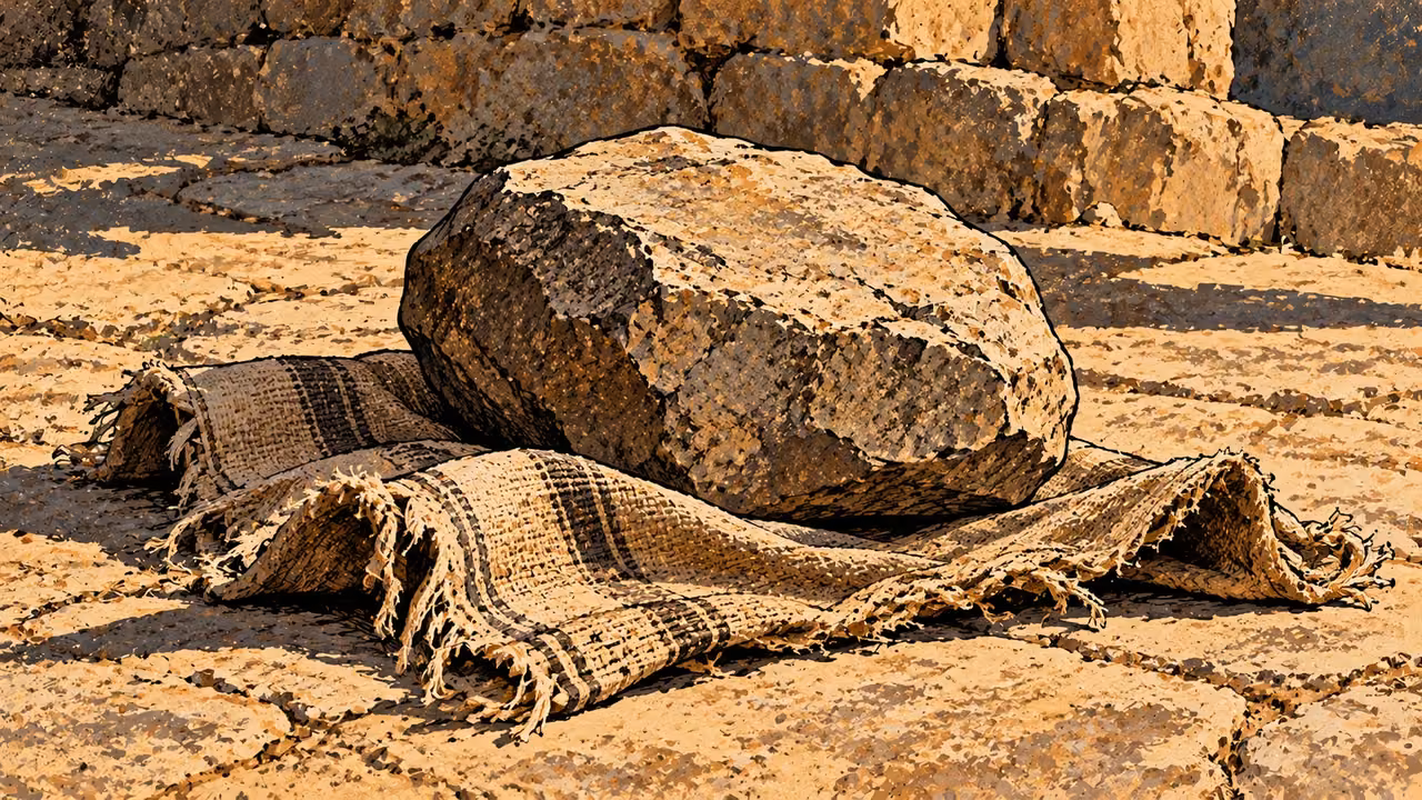 A heavy stone presses down on an empty, fraying woven carrying cloth.