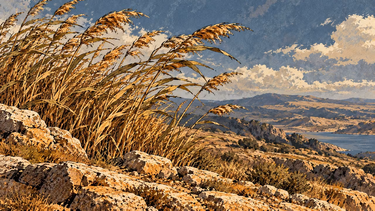 Dry reeds bend in the wind across exposed rocky ground beneath a broad blue-gray sky.
