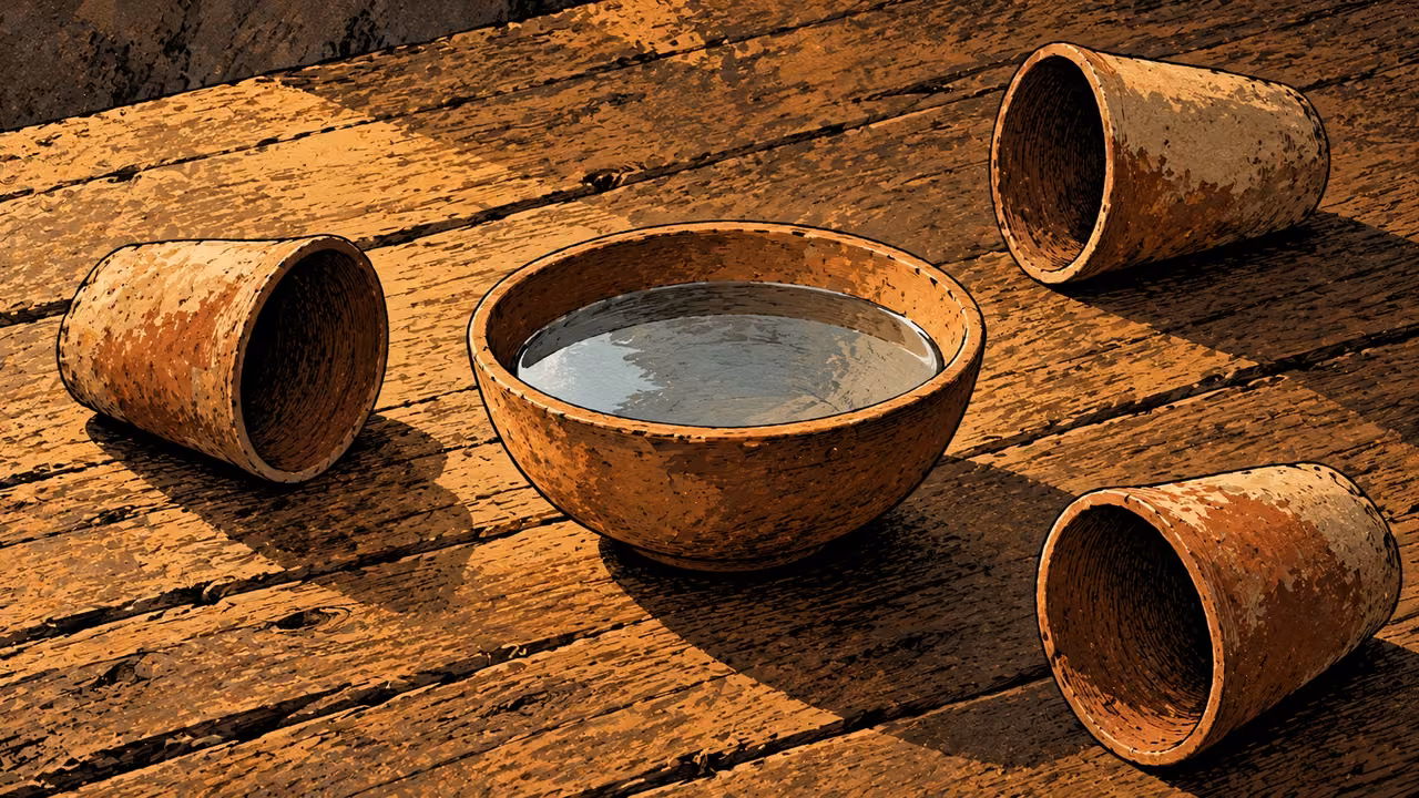 A bowl of still clear water rests upright among three empty clay cups tipped onto their sides.