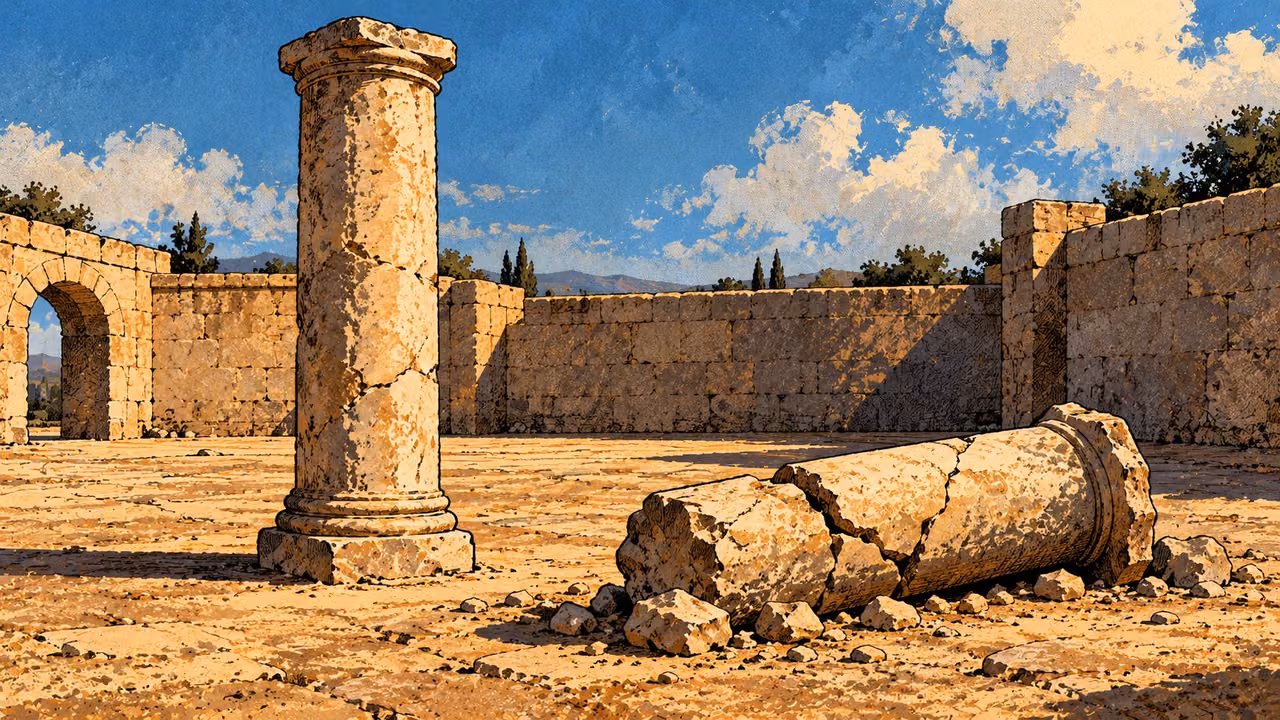 A weathered stone column stands beside a fallen, fractured column in an empty civic courtyard.
