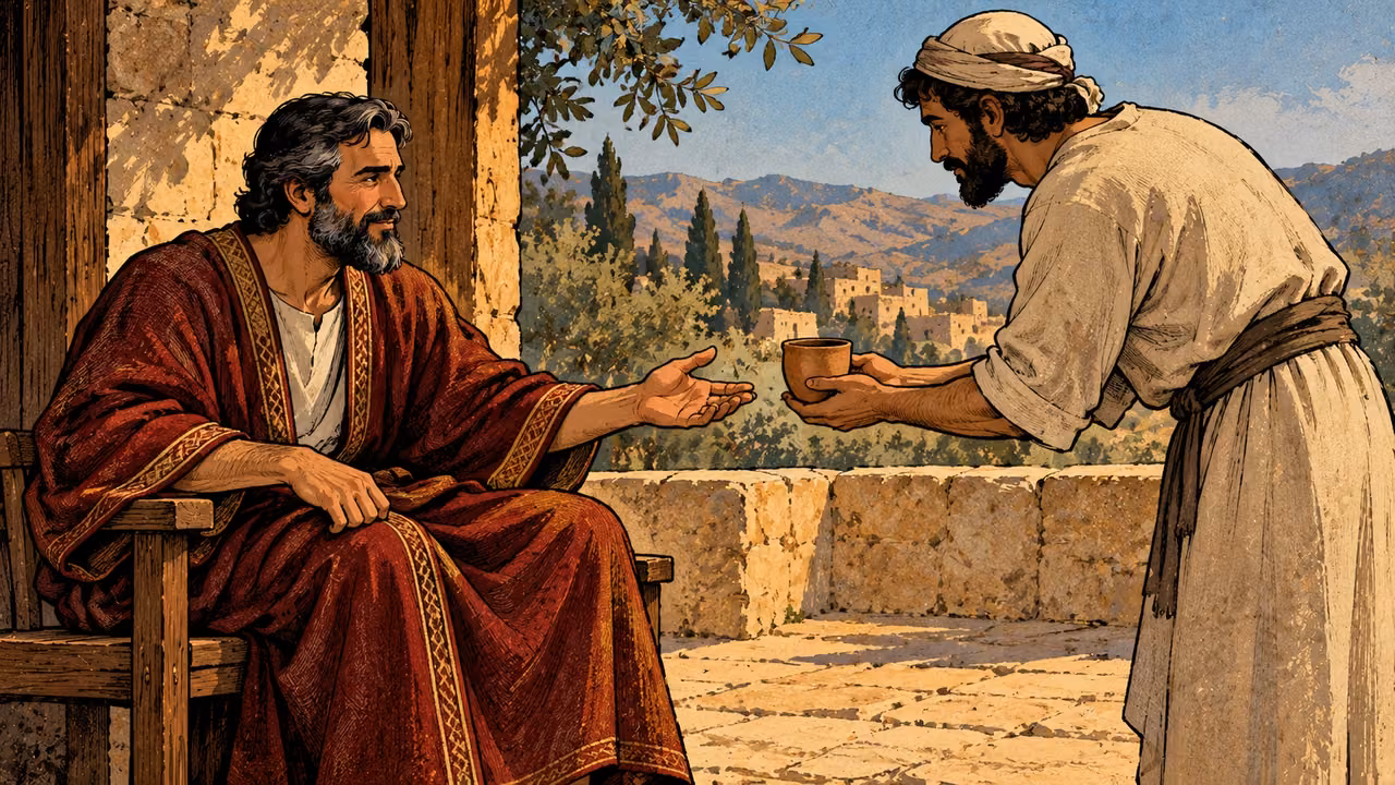 A seated ruler in a deep-red robe welcomes an adult servant who offers a plain clay cup.