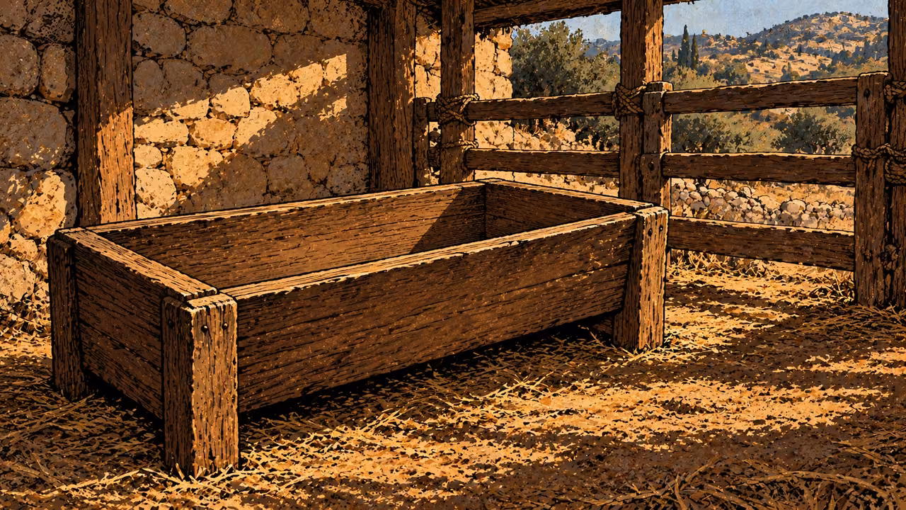 An empty clean wooden feeding trough stands in an unoccupied ancient stall.
